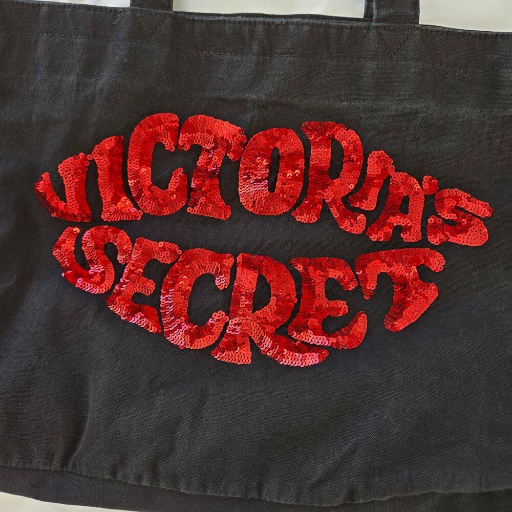 Victorias Secret Tote Bag 2000's Y2K Size XL Black Canvas Red Sequin Lip Design - Picture 3 of 9